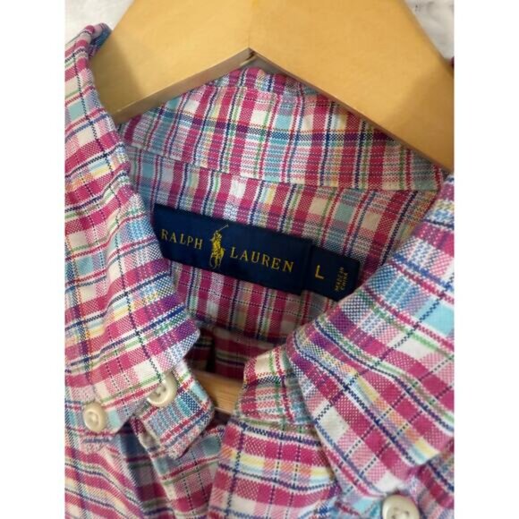 Ralph Lauren Men Mid-Weight 100% Cotton Pink Blue Plaid Button Down Shirt Large - Picture 2 of 5